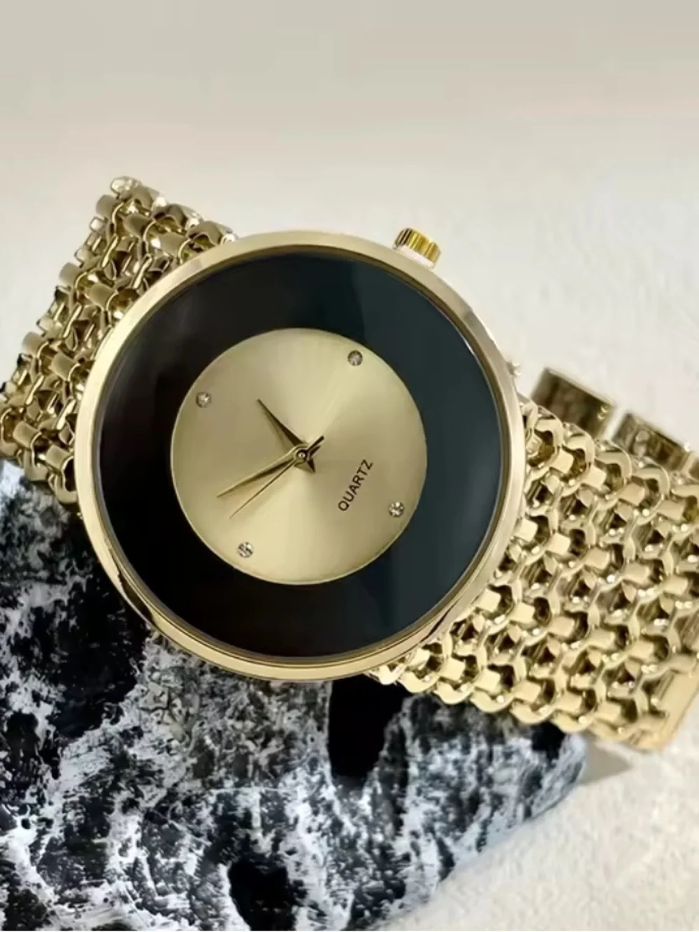 Anthropologie Gold and Black Round Quartz Bracelet Watch